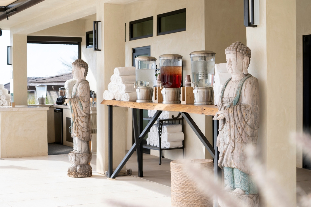 A large table featuring different juices and a Buddha statue, designed for the Complete Liquid Nutrition Program.