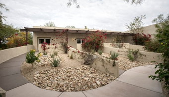 A charming walkway flanked by plants and rocks, leading to a cozy home, ideal for a two-night colonic irrigation spa experience.