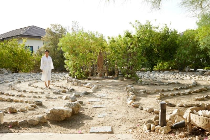 A wellness guest strolls through a serene outdoor meditation garden during a holistic detox retreat.