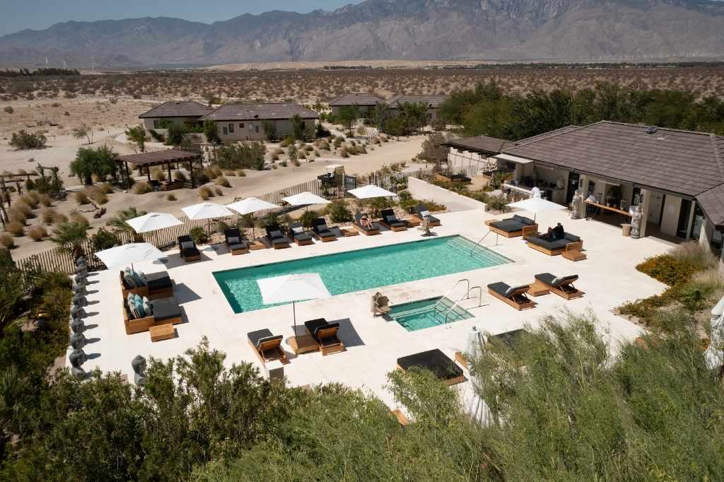Aerial view of We Care Spa pool and desert retreat in California Wellness Spa