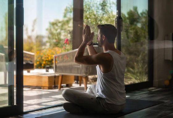 Guest practices meditation at We Care Spa as part of a wellness and autophagy-focused retreat Is this conversation helpful so far?