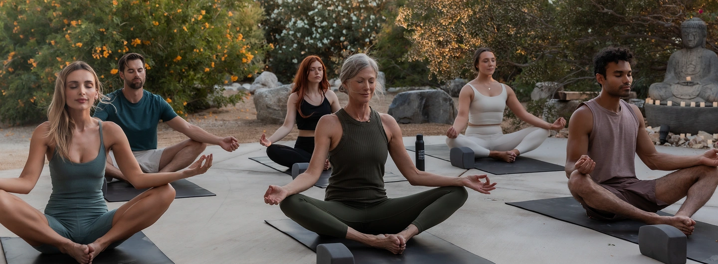 Guests practice outdoor meditation during a liquid detox wellness retreat at We Care Spa