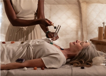 Reiki, sound bowl, and crystal healing session at We Care Spa’s wellness retreat.