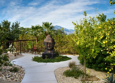 Buddha statue and peaceful garden at We Care Spa’s Seven Steps to Total Rejuvenation retreat.